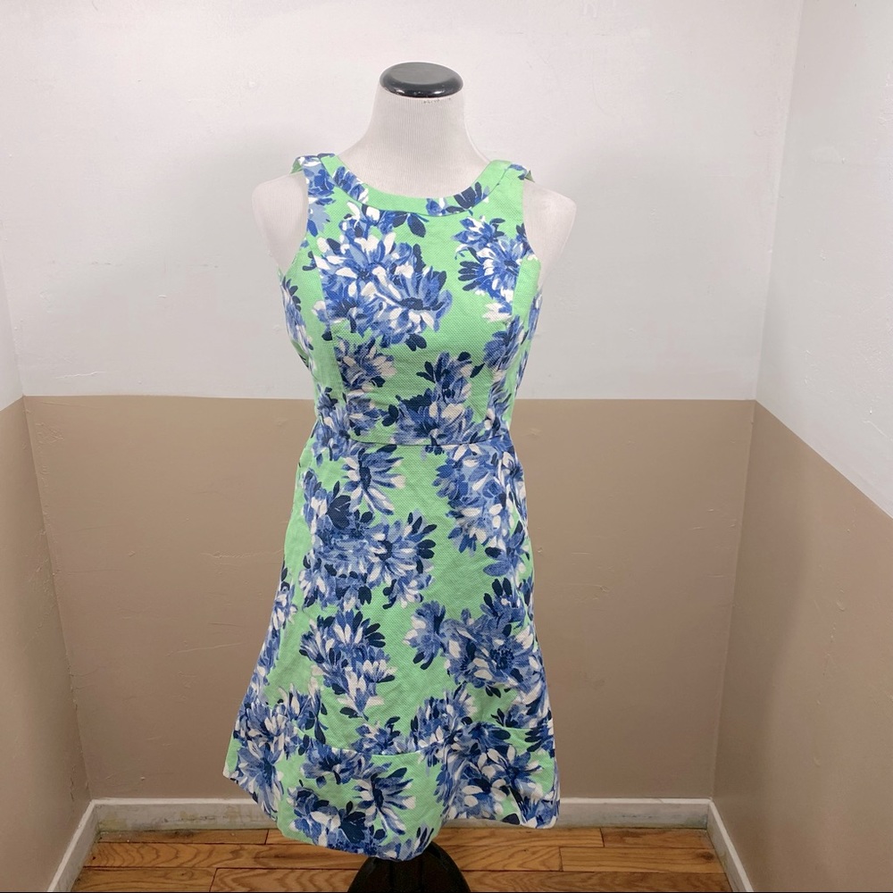 J Crew Green Blue Sleeveless Floral Dress A Line 00